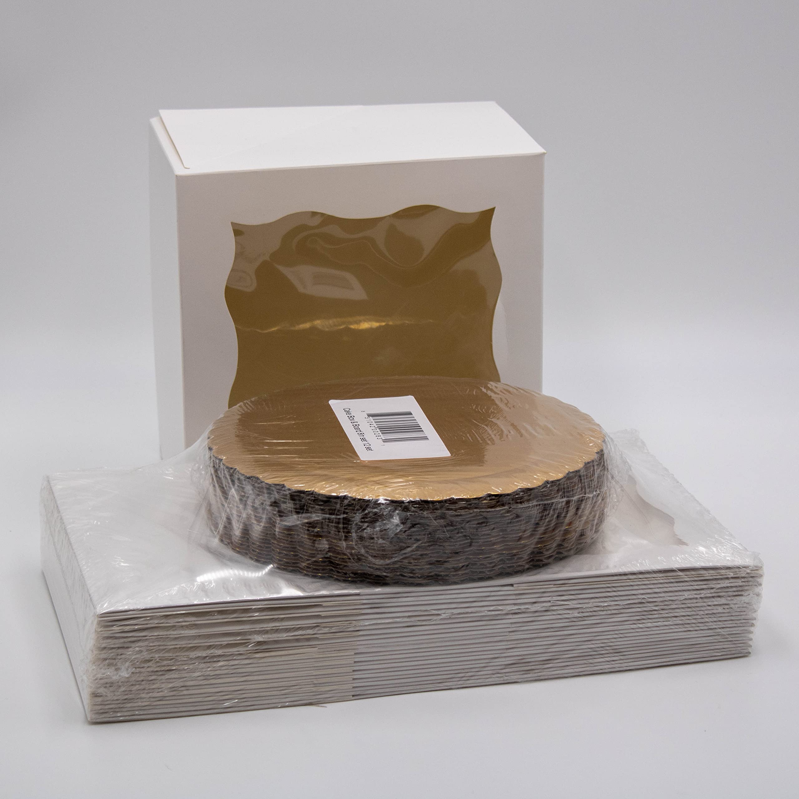 Green Harvest 8"x8"x5" White Cake Box with Window and Gold Cake Board Combo 12 Sets 24 pcs