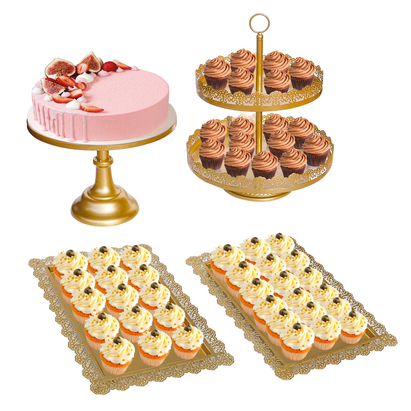 4Pcs Metal Cake Stand and Trays Metal Cupcake Holder Fruits Dessert Display Plate for Wedding Birthday Party Baby Shower Celebration Home Decor Gold