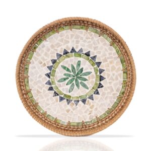 bemiaocrafts rattan tray with mother of pearl inlay wooden base, lacquer serving basket for breakfast, food, round tray as coffee table decor, mother of pearl decoration, storage, display