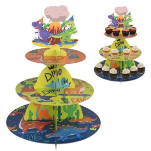 YHomU 3-Tier Dinosaur Cupcake Stand, Dinosaur Themed Birthday Party Decorations, Sturdy Cardboard Cake Holder, Round Dessert Display Tower, Stable Serving Stand for Weddings, Birthdays, Parties