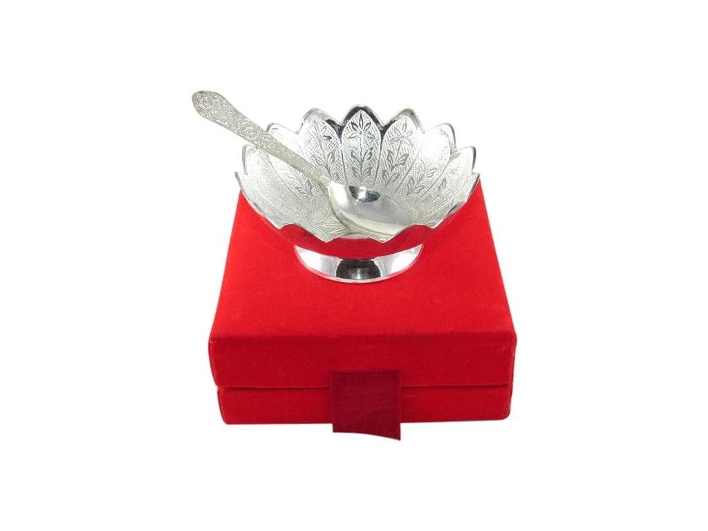 GoldGiftIdeas 4 Inch Silver Plated Lotus Shape Serving Bowl, Decorative Brass Bowl, Wedding Return Gift (Pack of 5)