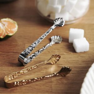 Mini Serving Tongs, Vintage Rose Relief Handle Ice Cube Clips Sugar Tongs, Stainless Steel Sugar Cube Tongs,for Tea Coffee Appetizers Desserts(Gold)