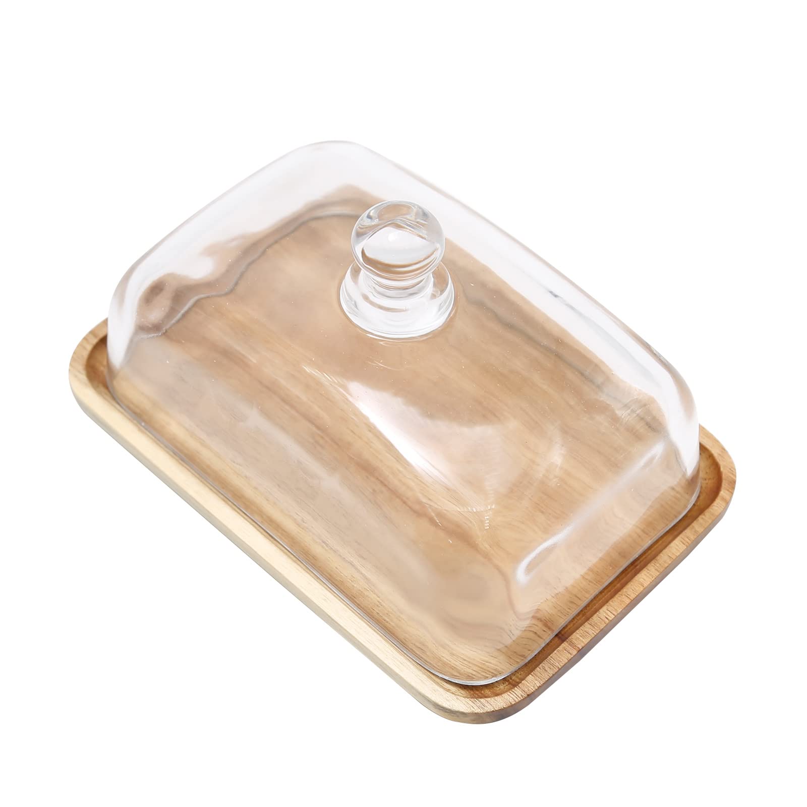 EATAKWARD Acacia Wood Butter Dish with Clear Glass Cover Lid, 7'' x 4.7'' x 4'' Wood Butter Tray for Dinner Plate Dessert Cake Refrigerator& Counter for Butter, Block of Cream Cheese& Serving Dish