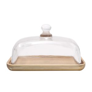 EATAKWARD Acacia Wood Butter Dish with Clear Glass Cover Lid, 7'' x 4.7'' x 4'' Wood Butter Tray for Dinner Plate Dessert Cake Refrigerator& Counter for Butter, Block of Cream Cheese& Serving Dish