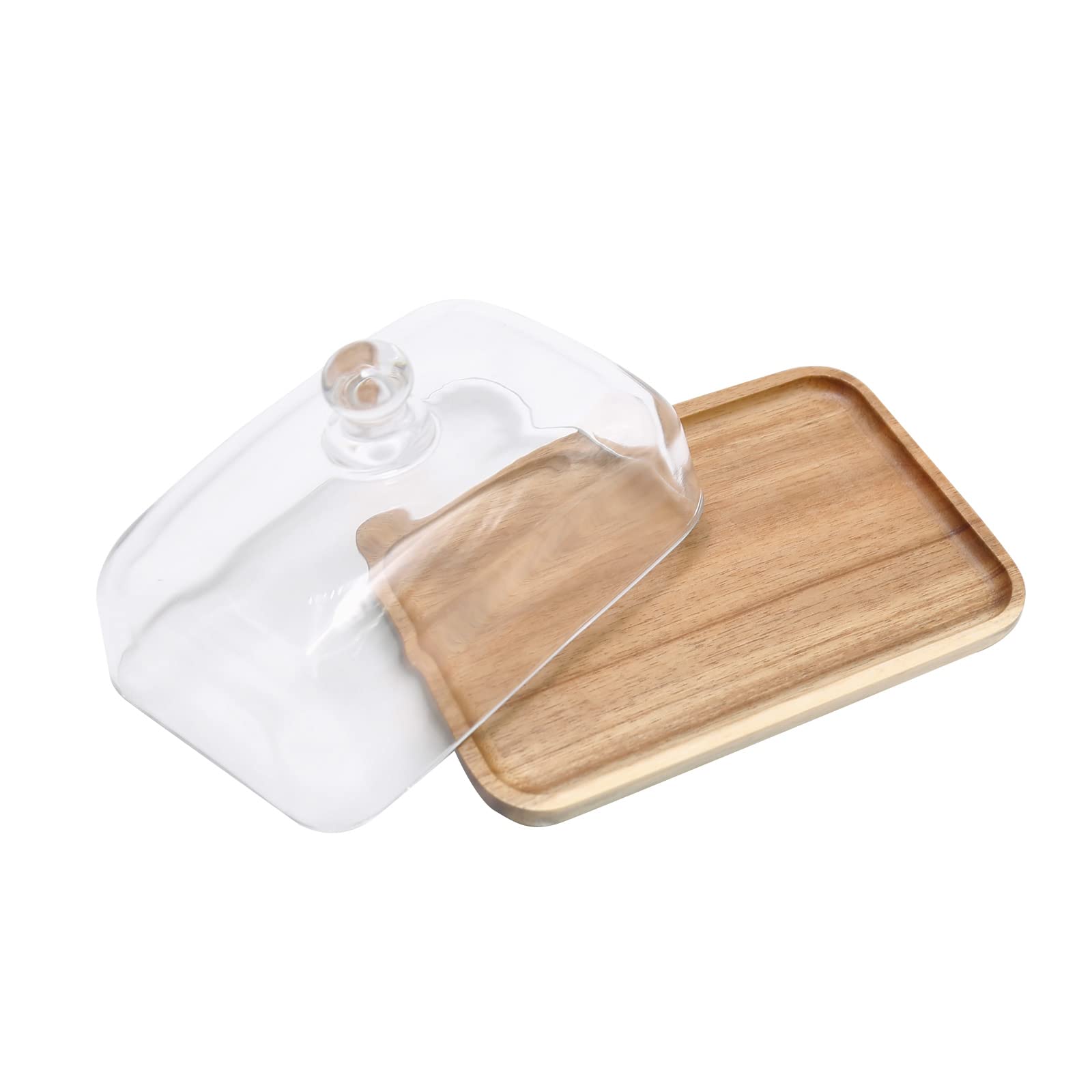 EATAKWARD Acacia Wood Butter Dish with Clear Glass Cover Lid, 7'' x 4.7'' x 4'' Wood Butter Tray for Dinner Plate Dessert Cake Refrigerator& Counter for Butter, Block of Cream Cheese& Serving Dish
