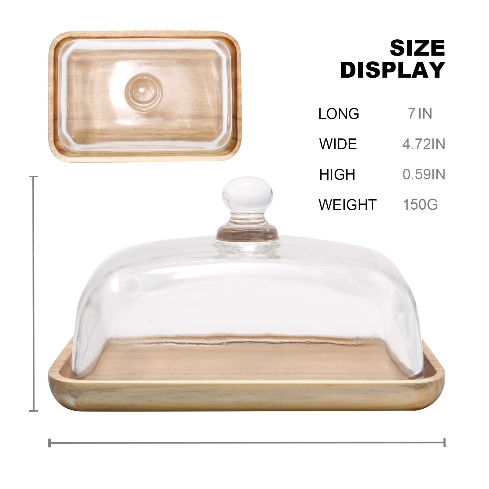 EATAKWARD Acacia Wood Butter Dish with Clear Glass Cover Lid, 7'' x 4.7'' x 4'' Wood Butter Tray for Dinner Plate Dessert Cake Refrigerator& Counter for Butter, Block of Cream Cheese& Serving Dish