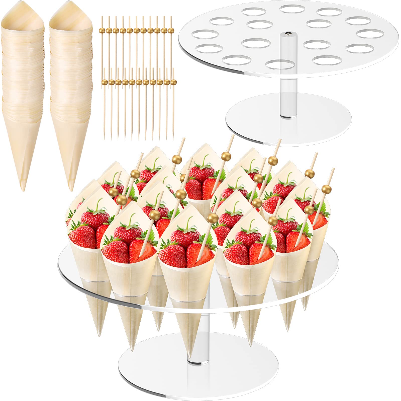 Queekay Clear Acrylic Ice Cream Cone Holder Stand 16 Holes Food Stand with 100 Disposable Wood Cones and 100 Cocktail Picks for Kids Birthday Party Decoration Supplies Wedding Restaurant Catered Event