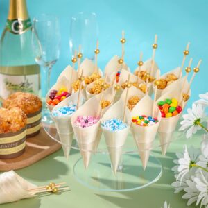 Queekay Clear Acrylic Ice Cream Cone Holder Stand 16 Holes Food Stand with 100 Disposable Wood Cones and 100 Cocktail Picks for Kids Birthday Party Decoration Supplies Wedding Restaurant Catered Event