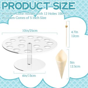 Queekay Clear Acrylic Ice Cream Cone Holder Stand 16 Holes Food Stand with 100 Disposable Wood Cones and 100 Cocktail Picks for Kids Birthday Party Decoration Supplies Wedding Restaurant Catered Event