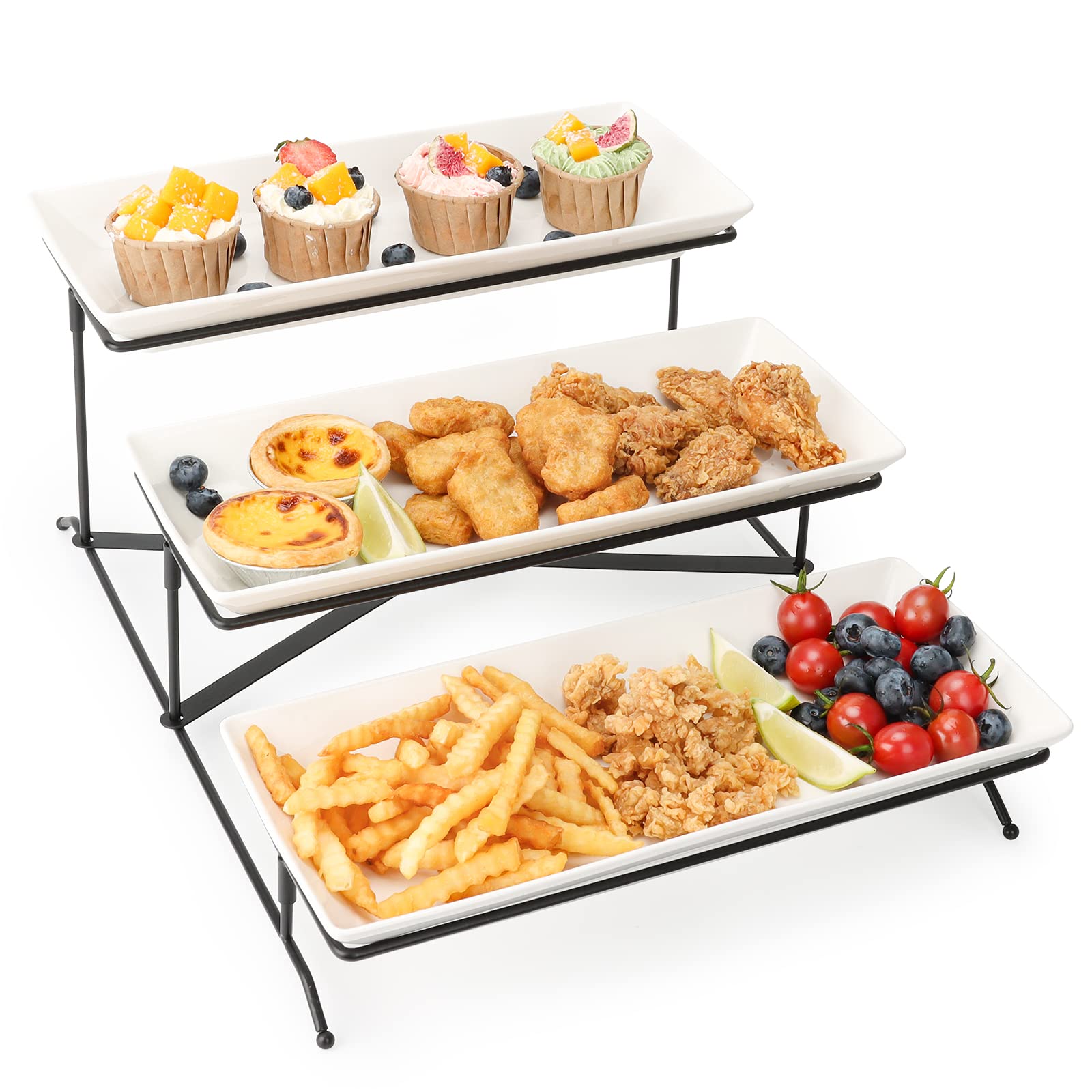 ZONEYILA Large 3 Tiers Serving Tray, 14 Inch Serving Platters with Collapsible Stand, Porcelain Serving Dishes for Entertaining, Suitable for Party Buffet Cupcake Dessert Table Display