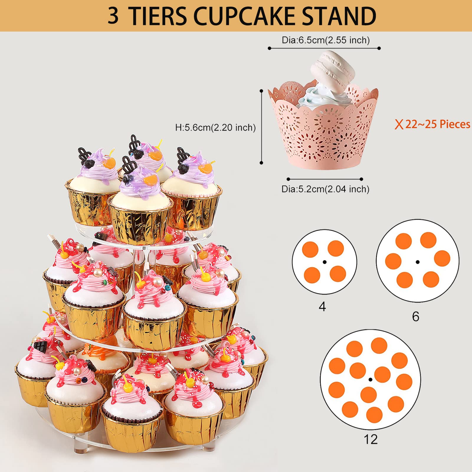 HAOWUJIN Cupcake Stand for 24 Cupcakes, Round Acrylic Cupcake Stand for Wedding Birthday Party Baby Shower Dessert Table for Parties Display, 3 Tier Clear Cupcake Tower Stand…