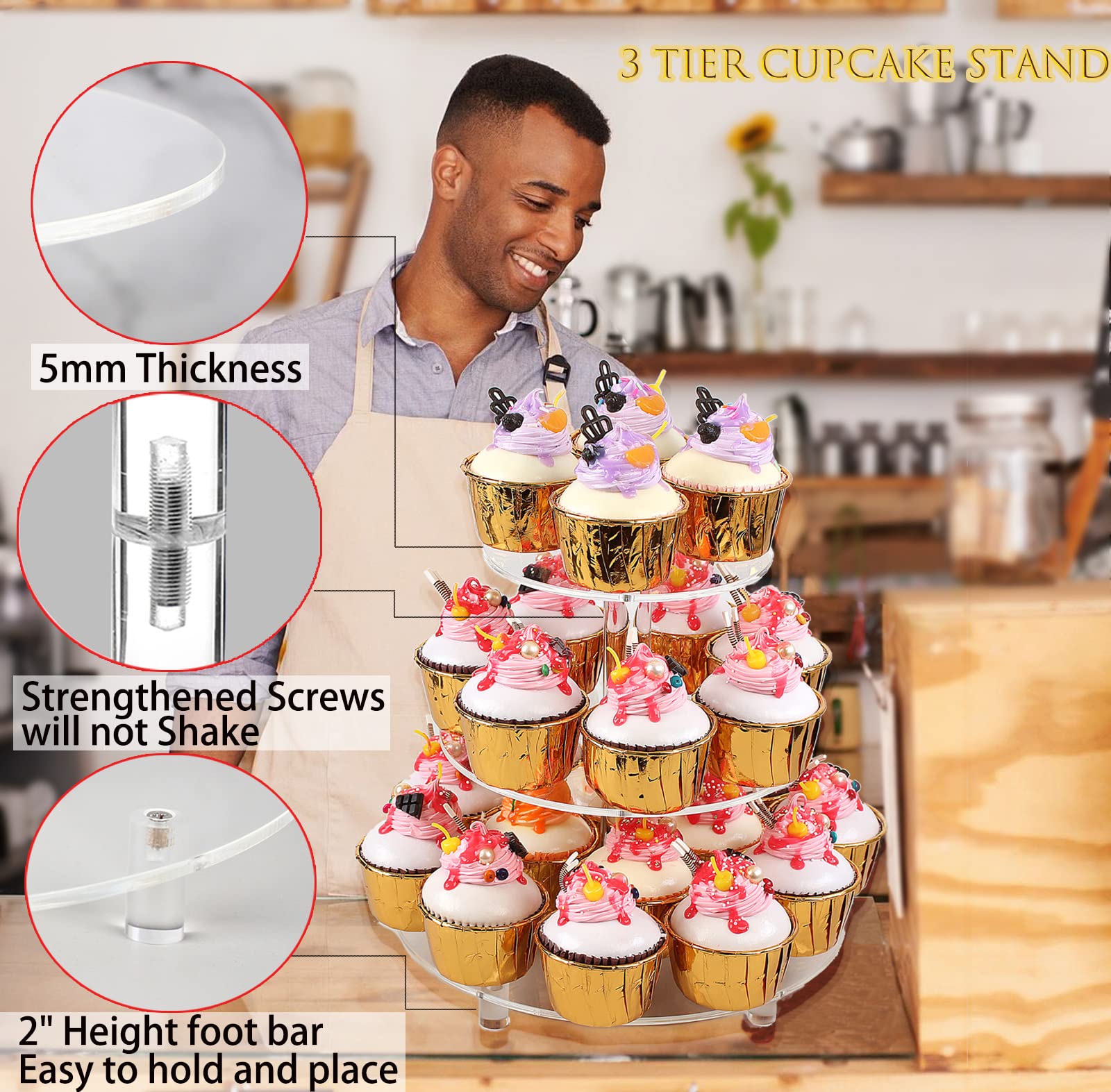 HAOWUJIN Cupcake Stand for 24 Cupcakes, Round Acrylic Cupcake Stand for Wedding Birthday Party Baby Shower Dessert Table for Parties Display, 3 Tier Clear Cupcake Tower Stand…