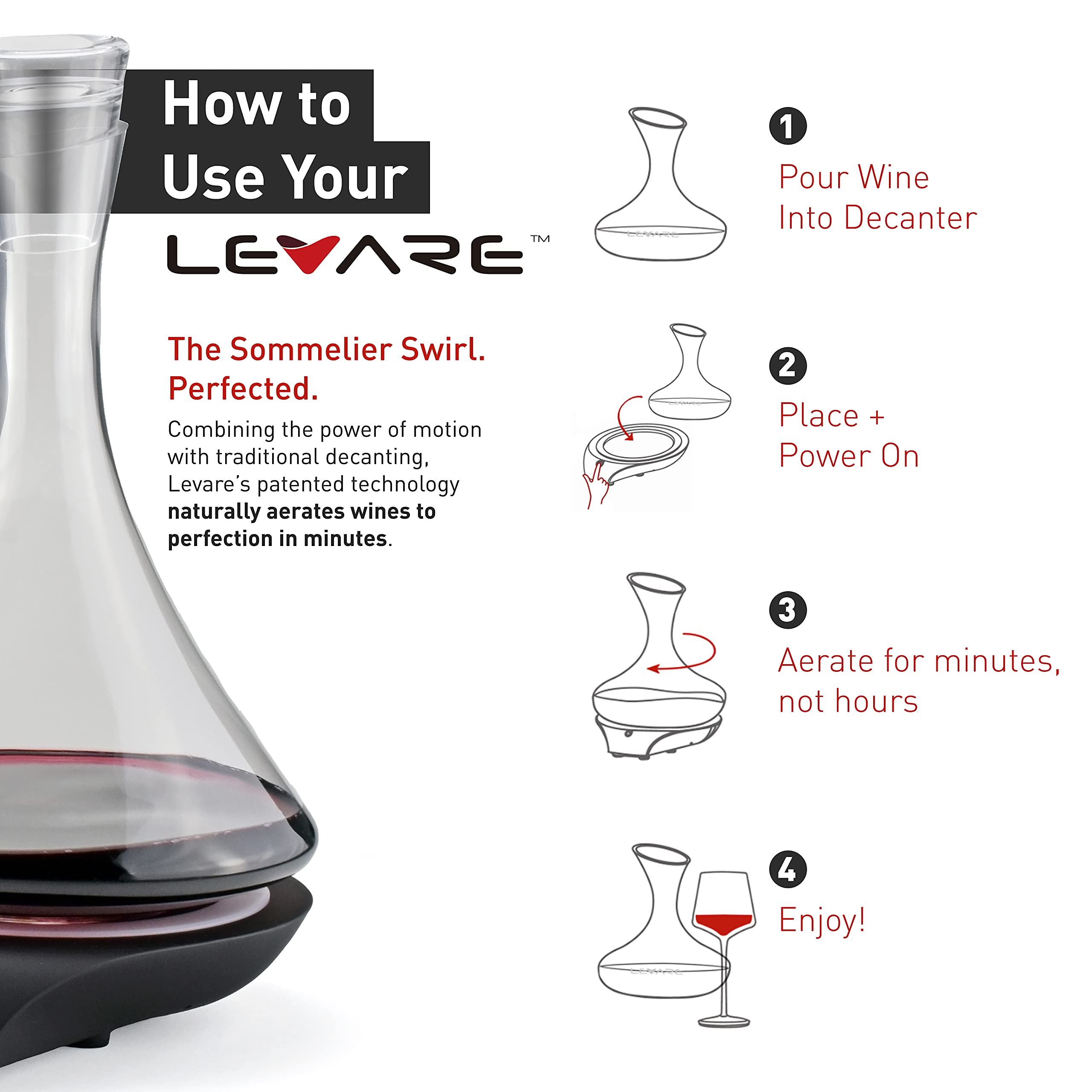 LEVARE Electric Aerator and Glass Decanter Set, Smart Swirl Aerating Base Ages Wine in Minutes, Premium Aeration for Sommeliers, Wine Enthusiasts (Piano Black)