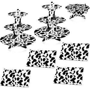 7 pieces cow print cupcake stand set cow print party supplies 3-tier cardboard cupcake stand round dessert cake stand cow cupcake holders rectangle serving tray cow party decorations