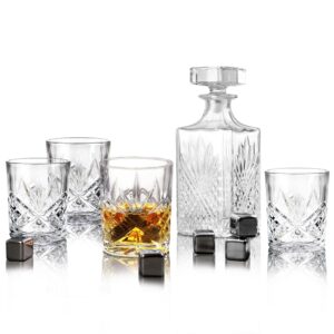 whiskey decanter sets for men - liquor decanters and 4 whiskey glasses and 8 whisky stones for cognac, bourbon, rum, scotch, house warming new home whiskey gifts for men dad him