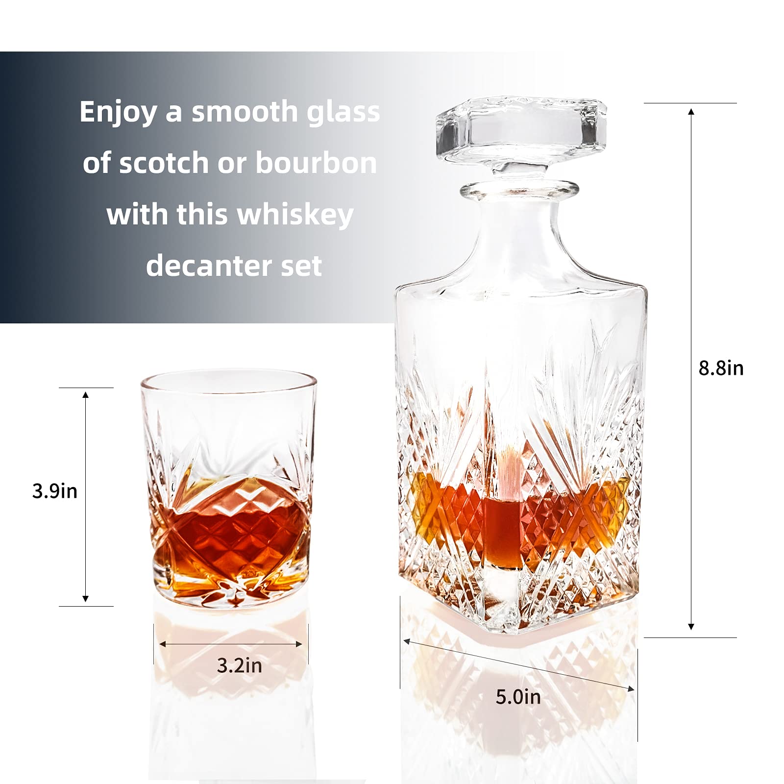 Whiskey Decanter Sets for Men - Liquor Decanters and 4 Whiskey Glasses and 8 Whisky Stones for Cognac, Bourbon, Rum, Scotch, House Warming New Home Whiskey Gifts for Men Dad Him