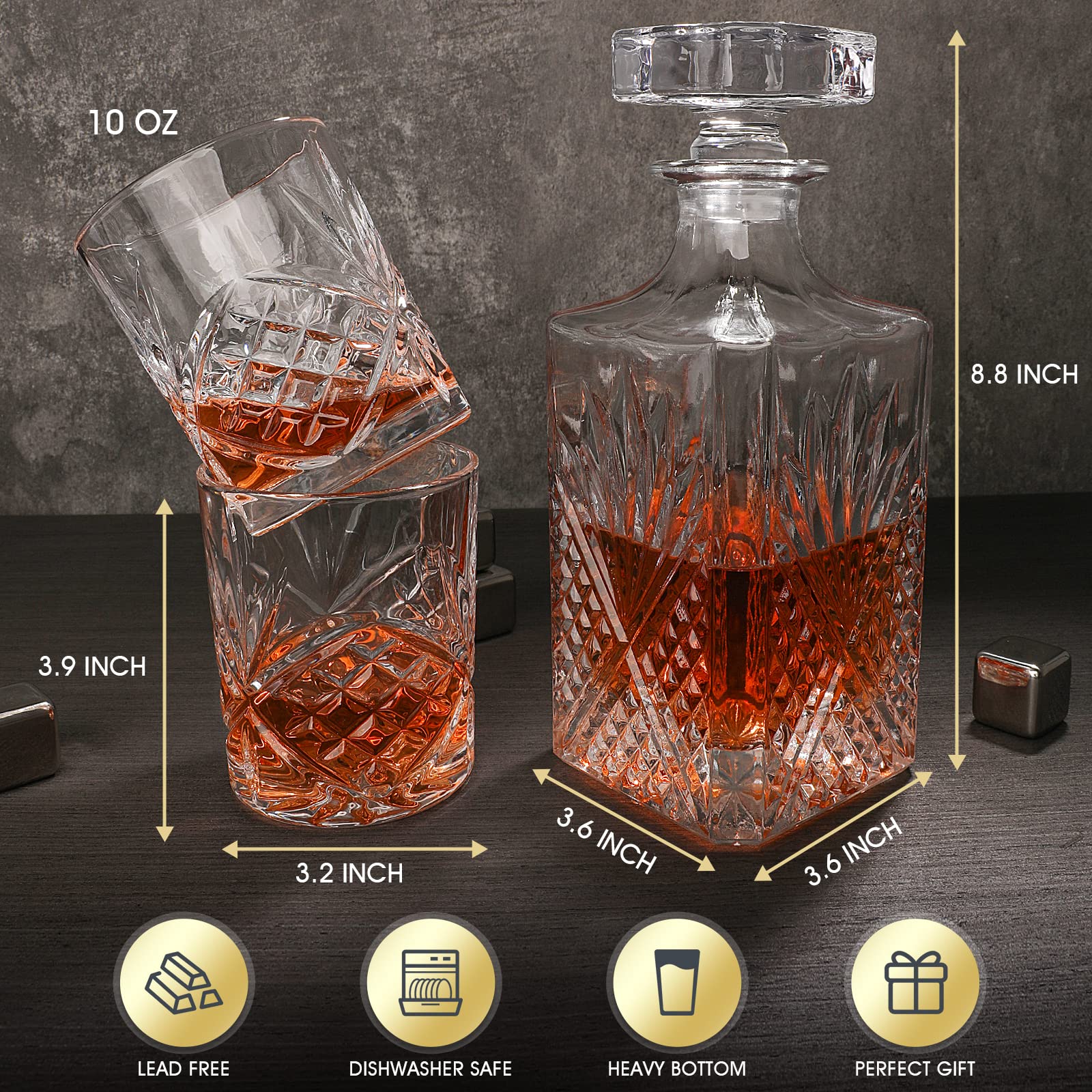 Whiskey Decanter Sets for Men - Liquor Decanters and 4 Whiskey Glasses and 8 Whisky Stones for Cognac, Bourbon, Rum, Scotch, House Warming New Home Whiskey Gifts for Men Dad Him