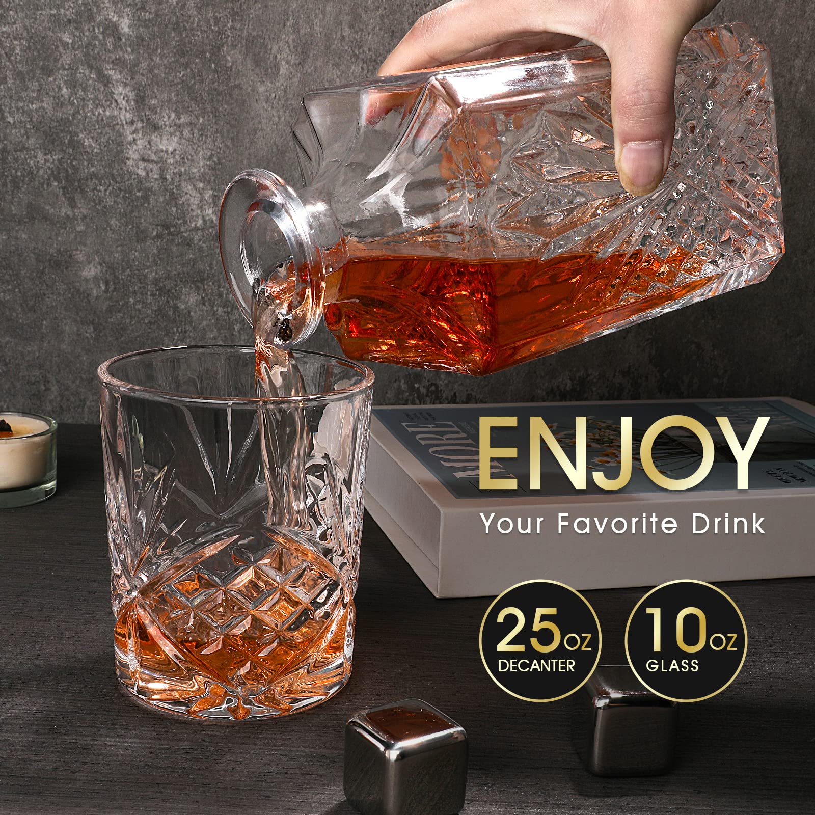 Whiskey Decanter Sets for Men - Liquor Decanters and 4 Whiskey Glasses and 8 Whisky Stones for Cognac, Bourbon, Rum, Scotch, House Warming New Home Whiskey Gifts for Men Dad Him