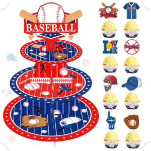 25 pcs baseball cupcake stand 3-tier and baseball cupcake topper set, fiesec baseball theme sports ball party supplies cardboard dessert tower holder round serving stand holder