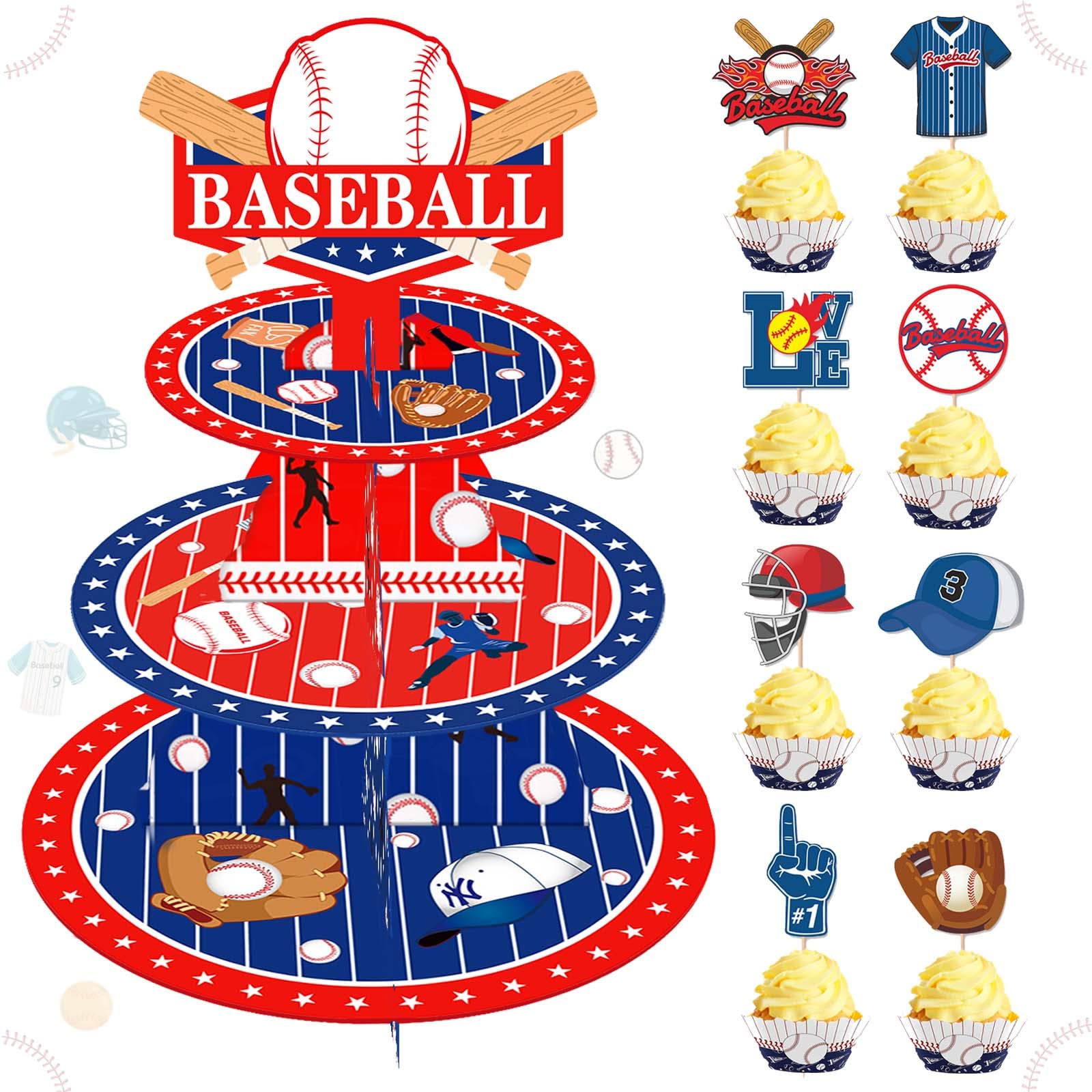 25 PCs Baseball Cupcake Stand 3-Tier and Baseball Cupcake Topper Set, Fiesec Baseball Theme Sports Ball Party Supplies Cardboard Dessert Tower Holder Round Serving Stand Holder