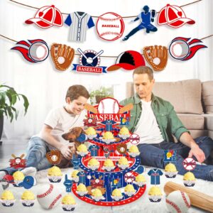 25 PCs Baseball Cupcake Stand 3-Tier and Baseball Cupcake Topper Set, Fiesec Baseball Theme Sports Ball Party Supplies Cardboard Dessert Tower Holder Round Serving Stand Holder