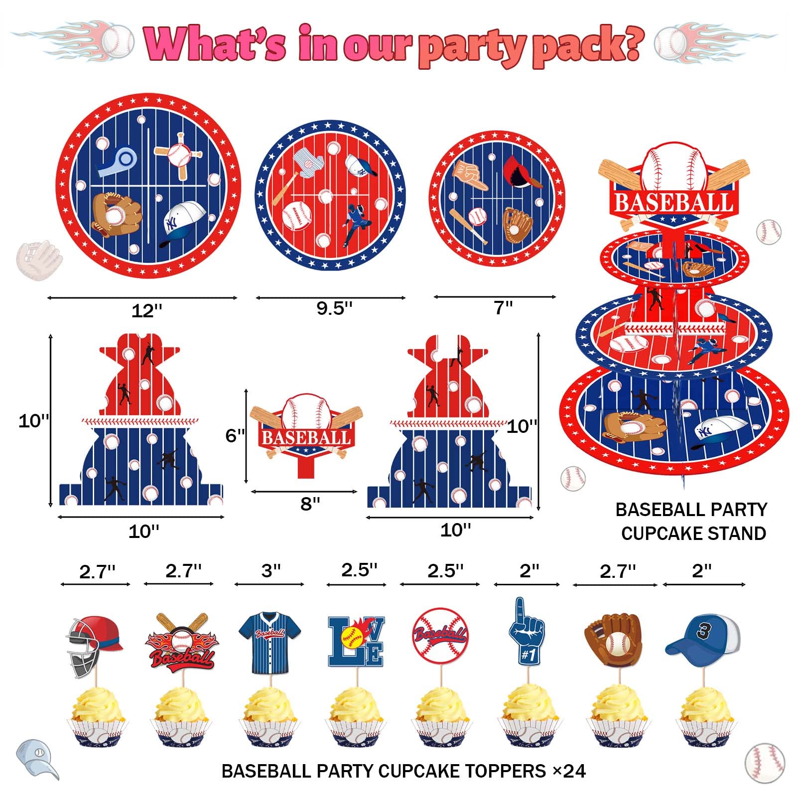 25 PCs Baseball Cupcake Stand 3-Tier and Baseball Cupcake Topper Set, Fiesec Baseball Theme Sports Ball Party Supplies Cardboard Dessert Tower Holder Round Serving Stand Holder