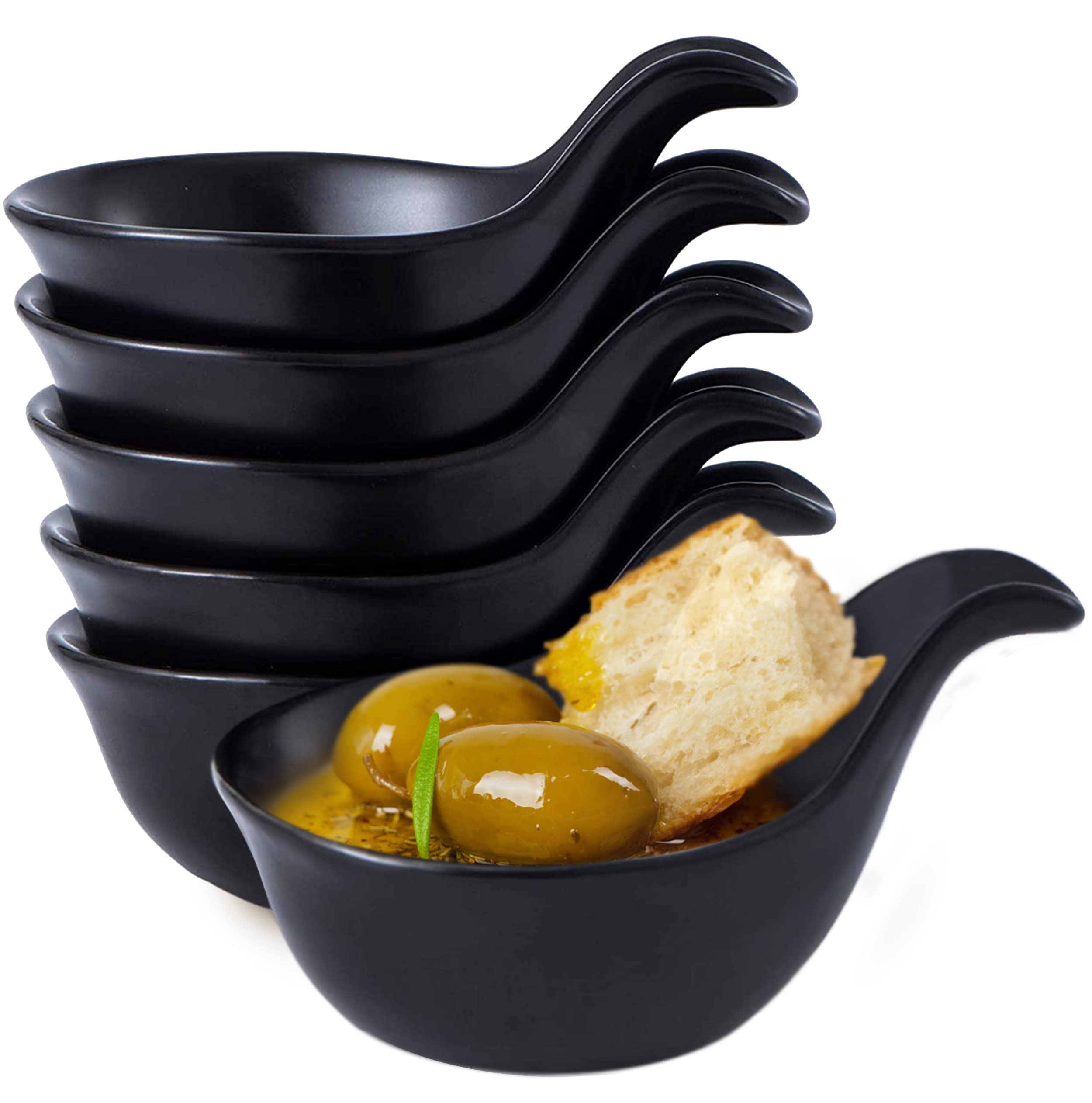 Bruntmor Matte Glazed Set Of 6 Side Dish Porcelain Dip Bowl Set with Handle, for Soy Sauce, Ketchup, Appetizer, For BBQ and Dinner, 3 ounce, Black