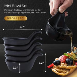 Bruntmor Matte Glazed Set Of 6 Side Dish Porcelain Dip Bowl Set with Handle, for Soy Sauce, Ketchup, Appetizer, For BBQ and Dinner, 3 ounce, Black