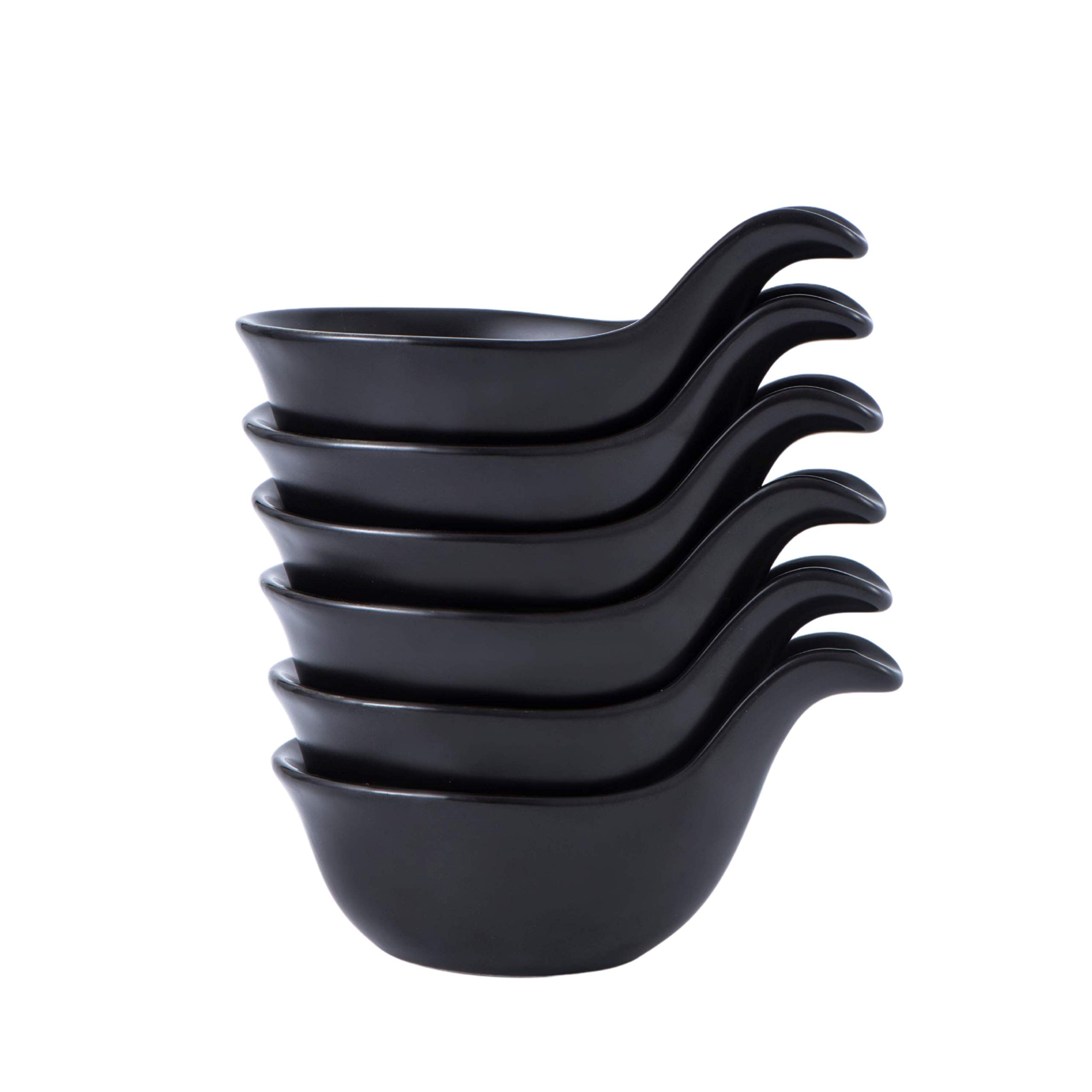 Bruntmor Matte Glazed Set Of 6 Side Dish Porcelain Dip Bowl Set with Handle, for Soy Sauce, Ketchup, Appetizer, For BBQ and Dinner, 3 ounce, Black