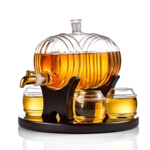 whiskey barrel decanter set - liquor dispenser birthday valentine's day gifts ideas for men husband - 1350ml decanter with 4 whiskey glasses for alcohol, bourbon, scotch, vodka, tequila, wine