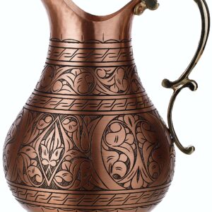 DEMMEX The Pitcher, 1mm Solid Copper Handmade Engraved Copper Pitcher Vessel Ayurveda Jug for Drinking Water, Moscow Mule, Cocktail (Matte-Engraved)