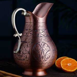 DEMMEX The Pitcher, 1mm Solid Copper Handmade Engraved Copper Pitcher Vessel Ayurveda Jug for Drinking Water, Moscow Mule, Cocktail (Matte-Engraved)