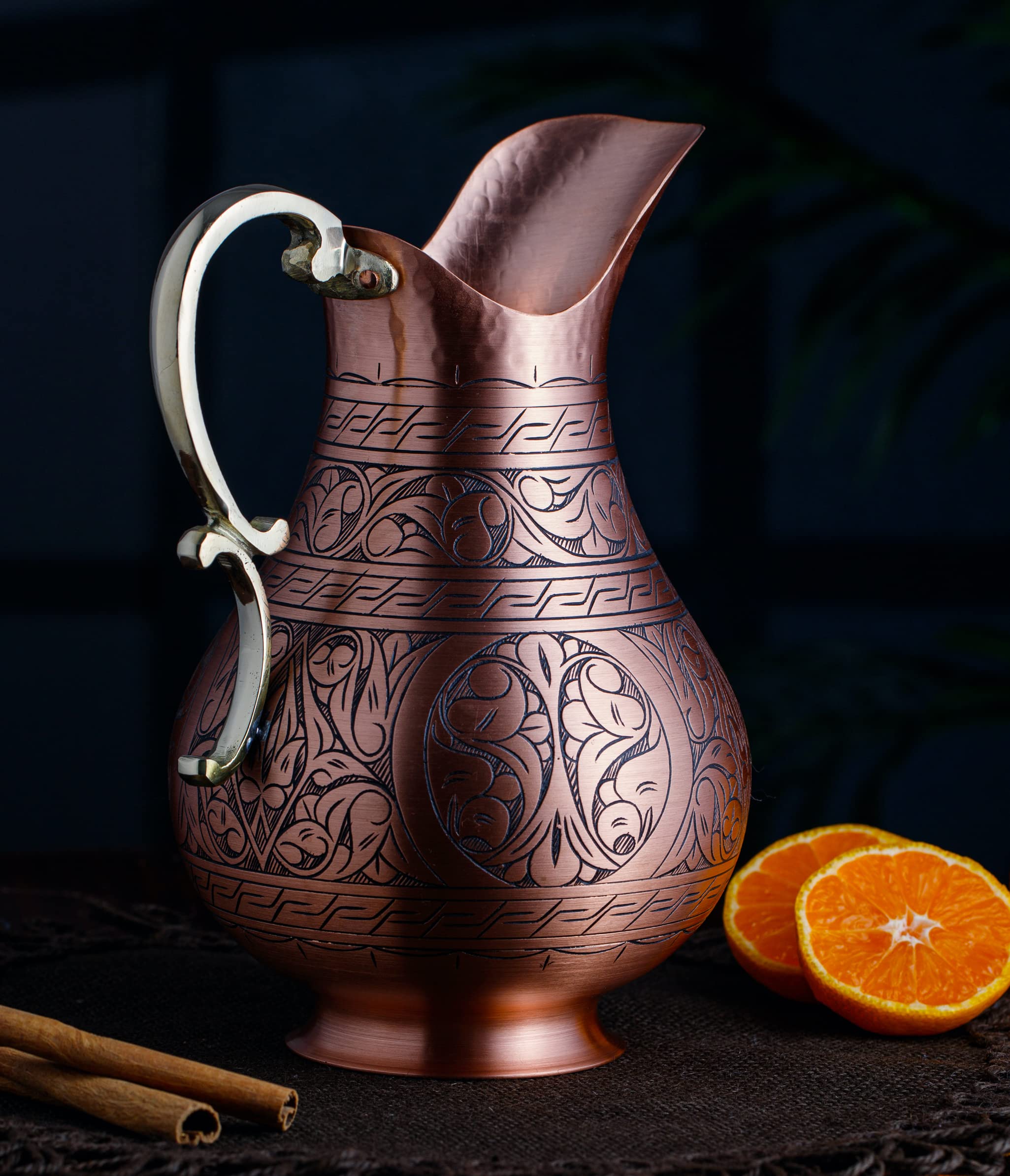 DEMMEX The Pitcher, 1mm Solid Copper Handmade Engraved Copper Pitcher Vessel Ayurveda Jug for Drinking Water, Moscow Mule, Cocktail (Matte-Engraved)