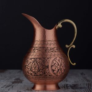 DEMMEX The Pitcher, 1mm Solid Copper Handmade Engraved Copper Pitcher Vessel Ayurveda Jug for Drinking Water, Moscow Mule, Cocktail (Matte-Engraved)