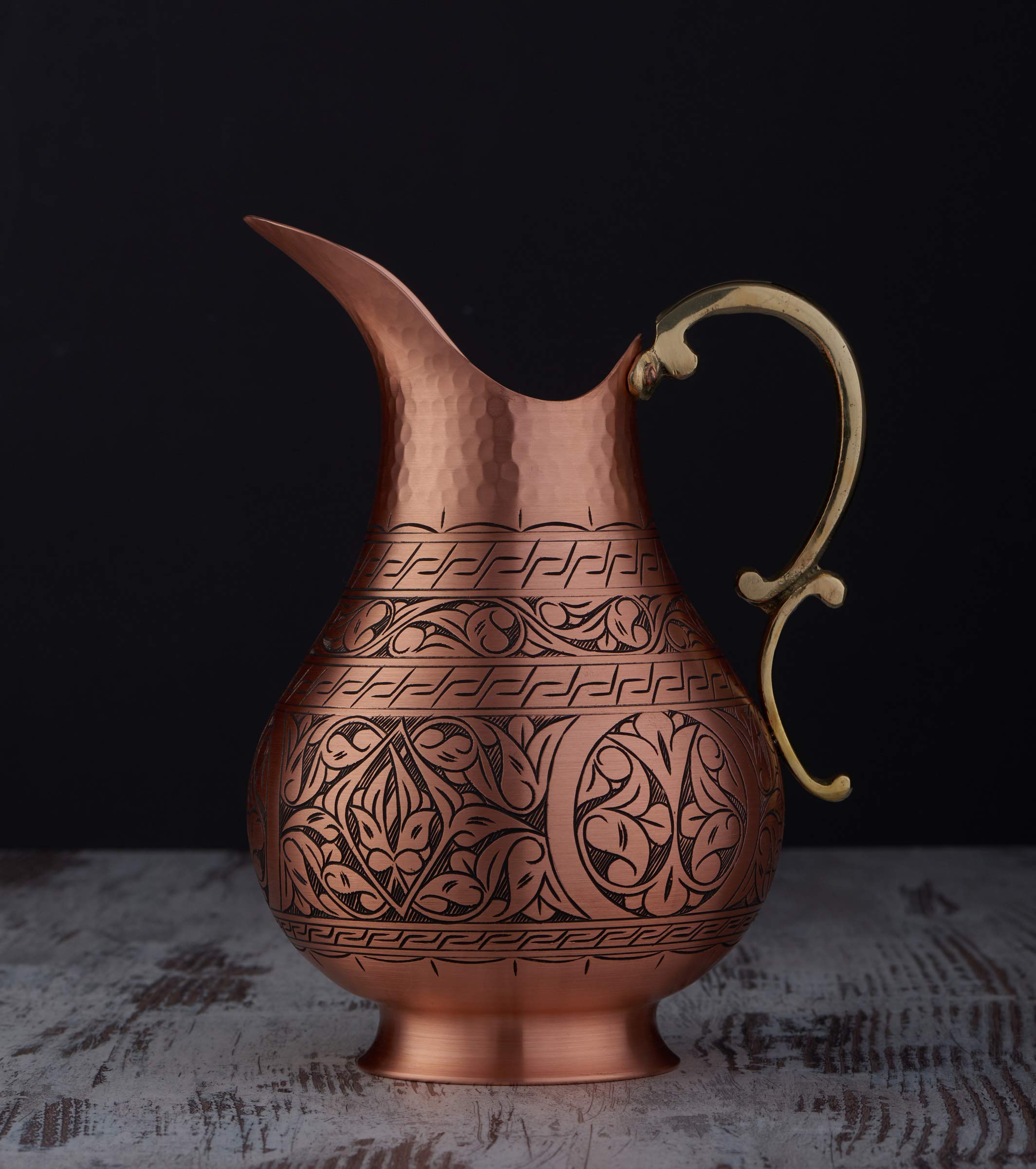 DEMMEX The Pitcher, 1mm Solid Copper Handmade Engraved Copper Pitcher Vessel Ayurveda Jug for Drinking Water, Moscow Mule, Cocktail (Matte-Engraved)