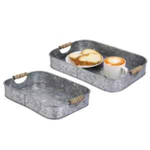 mygift rustic galvanized metal decorative tray with wood handles, rectangular nesting serving trays, set of 2 - handcrafted in india