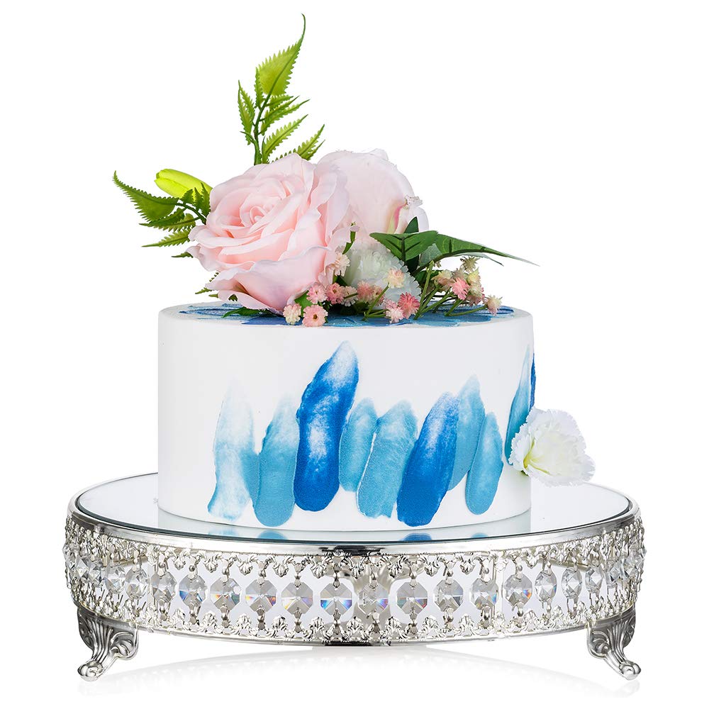 Wedding Metal Cake Display Stand with Mirror Top Plate 12 inches Diameter Beaded Crystal Metal Cake Pedestal, Snack Tray, Baking Party Supplies Centerpiece