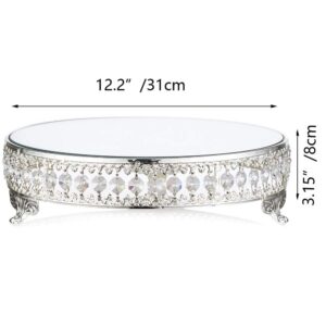 Wedding Metal Cake Display Stand with Mirror Top Plate 12 inches Diameter Beaded Crystal Metal Cake Pedestal, Snack Tray, Baking Party Supplies Centerpiece