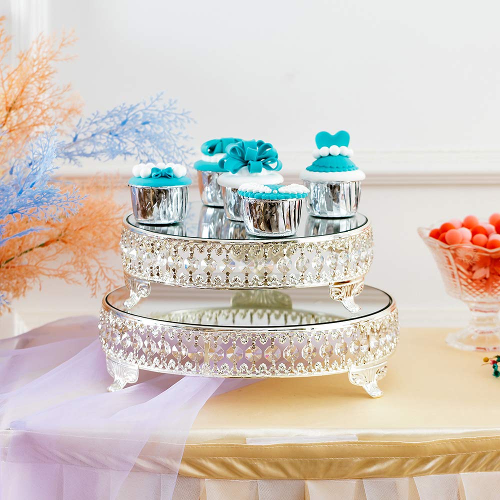 Wedding Metal Cake Display Stand with Mirror Top Plate 12 inches Diameter Beaded Crystal Metal Cake Pedestal, Snack Tray, Baking Party Supplies Centerpiece