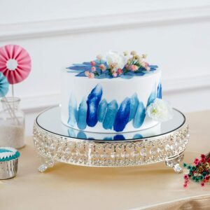 Wedding Metal Cake Display Stand with Mirror Top Plate 12 inches Diameter Beaded Crystal Metal Cake Pedestal, Snack Tray, Baking Party Supplies Centerpiece