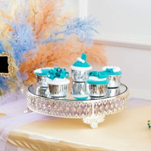 Wedding Metal Cake Display Stand with Mirror Top Plate 12 inches Diameter Beaded Crystal Metal Cake Pedestal, Snack Tray, Baking Party Supplies Centerpiece