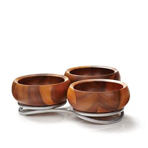 nambe braid condiment server | serving bowl for side dishes, dips, appetizers | chrome base | acacia wood dip bowls | 3 piece serving set | 12-ounce bowls