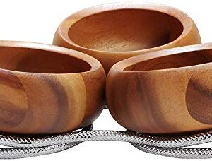 nambe Braid Condiment Server | Serving Bowl for Side Dishes, Dips, Appetizers | Chrome Base | Acacia Wood Dip Bowls | 3 Piece Serving Set | 12-Ounce Bowls