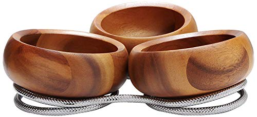 nambe Braid Condiment Server | Serving Bowl for Side Dishes, Dips, Appetizers | Chrome Base | Acacia Wood Dip Bowls | 3 Piece Serving Set | 12-Ounce Bowls