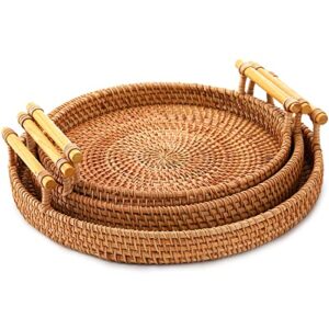 dicunoy 3 pack rattan basket tray, round wicker serving baskets with handles for bread, coffee table, decorative woven serving tray for vegetable, snack (10", 9", 8")
