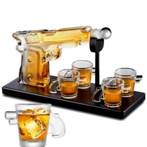 bezrat whiskey gun decanter set with 4 gun shaped shot glasses on on mahogany tray - old fashioned bourbon liquor drinks rocks glasses dispenser set, gift box