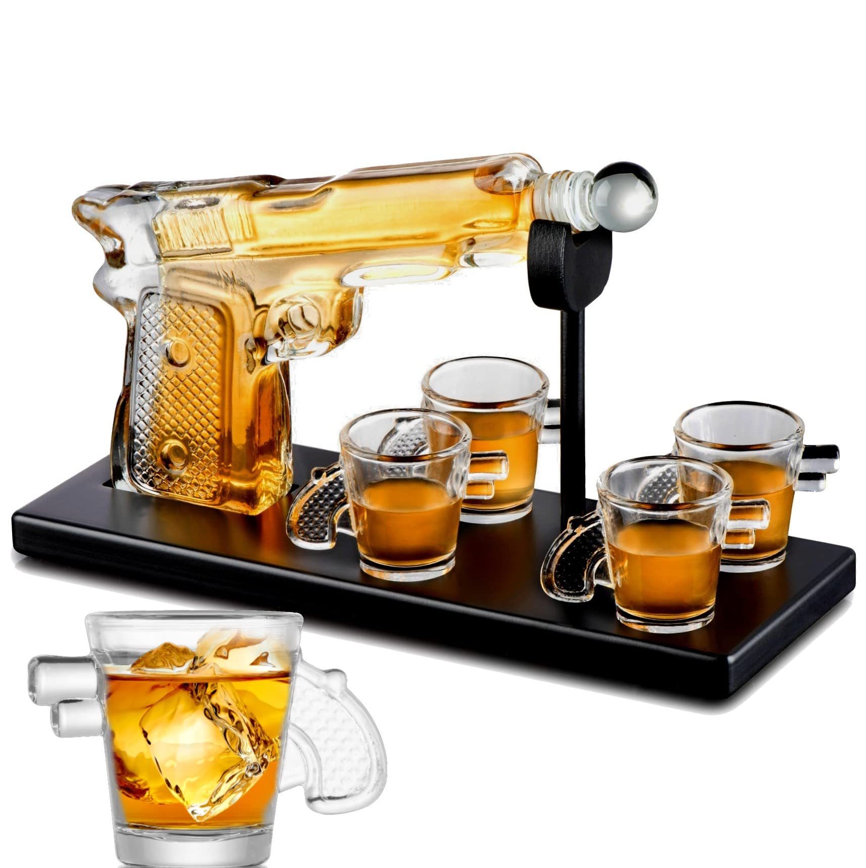 Bezrat Whiskey Gun Decanter Set with 4 Gun Shaped Shot Glasses on on Mahogany Tray - Old Fashioned Bourbon Liquor Drinks Rocks Glasses Dispenser Set, Gift Box