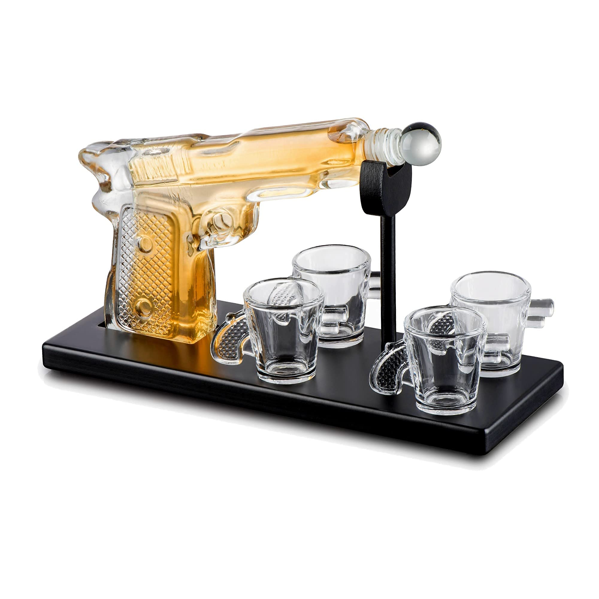 Bezrat Whiskey Gun Decanter Set with 4 Gun Shaped Shot Glasses on on Mahogany Tray - Old Fashioned Bourbon Liquor Drinks Rocks Glasses Dispenser Set, Gift Box