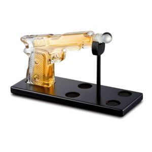 Bezrat Whiskey Gun Decanter Set with 4 Gun Shaped Shot Glasses on on Mahogany Tray - Old Fashioned Bourbon Liquor Drinks Rocks Glasses Dispenser Set, Gift Box