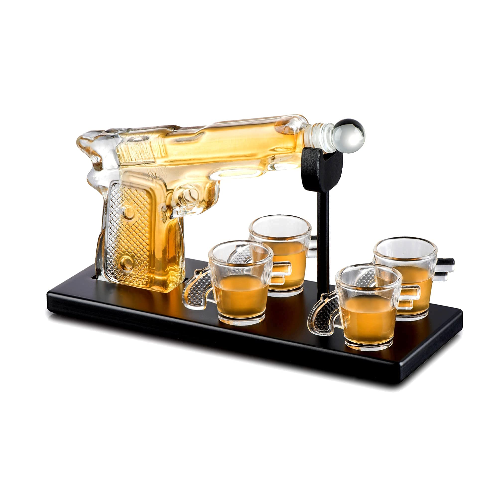 Bezrat Whiskey Gun Decanter Set with 4 Gun Shaped Shot Glasses on on Mahogany Tray - Old Fashioned Bourbon Liquor Drinks Rocks Glasses Dispenser Set, Gift Box